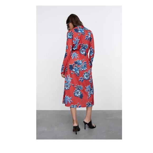 ZARA Red Floral Button-Down Midi Dress M — Cottagecore Coquette Wedding Guest - Picture 2 of 11